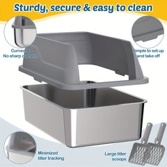 Tinsns 2Packaged Extra Large Stainless Steel Cat Litter Box with Lid，Steel Cat Litter Box Suitable for Tall Cats, Large Cats, and Multiple Cats，XL Metal Cat Litter Box，Prevents Urine Leakage，Non-stick and easy to clean，Includes a cat litter scoop and a te