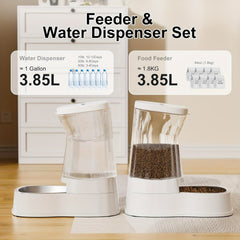Automatic Pets Gravity Feeder And Water Dispenser Set, 1Gallon X 2 Stainless Steel Food Feeder And Waterer, 100% BPA-Free Water Bowl Dispenser For Small&Medium Dogs, Cats, Puppies (White), Without Battery