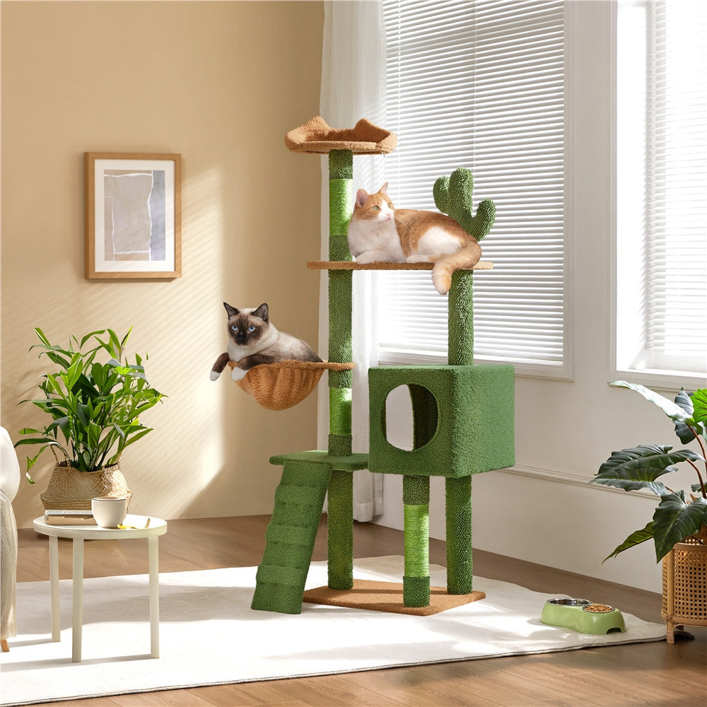 Costoffs 59.5 Inch Card Grave Shape Designed Indoor Cat Tree Tower，Large Multi-Level Cat Tree Climbing Frame，Comes with a basket and platform，green