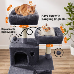 66.1/44.1in Cat Tree, Large Cat Tower with 13 Scratching Posts, 2 Perches, 2 Caves, Hanging Basket & Hammock, Pompoms, Stable Kitty Play House, Multi-Level Plush Cat Condo for Indoor Cat, Easy to Assemble, Perfect Children's Day Gift for Pet Families