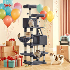 66.1/44.1in Cat Tree, Large Cat Tower with 13 Scratching Posts, 2 Perches, 2 Caves, Hanging Basket & Hammock, Pompoms, Stable Kitty Play House, Multi-Level Plush Cat Condo for Indoor Cat, Easy to Assemble, Perfect Children's Day Gift for Pet Families